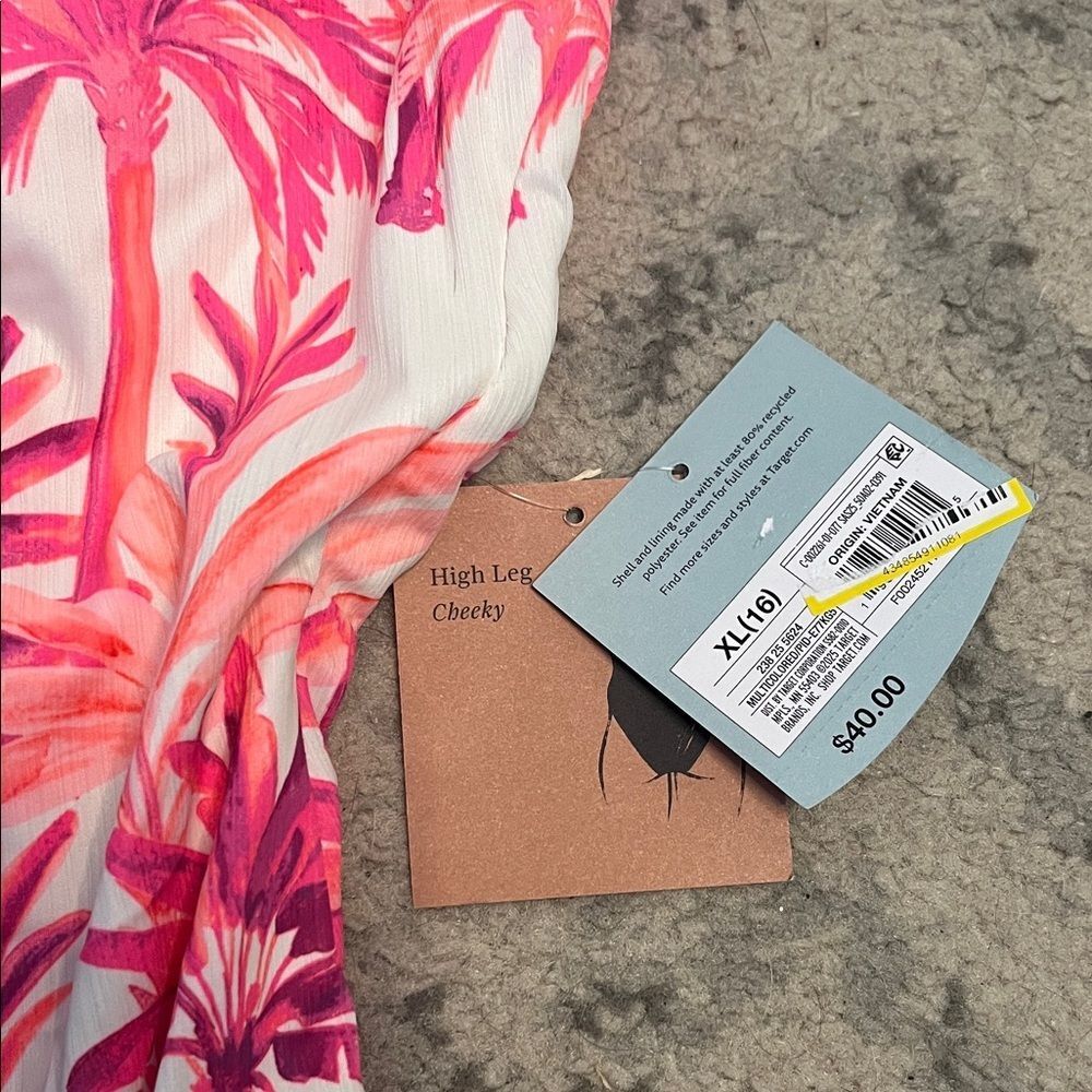 Shade & Shore Women’s Size XL/16 Pink and White Tropical One Piece Swimsuit-New - Picture 2 of 7
